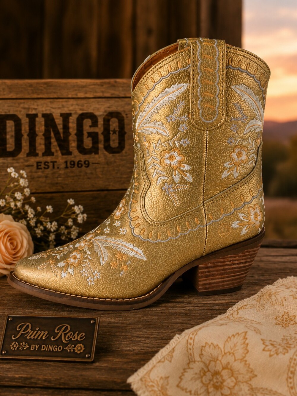 Dingo Primrose Metallic Gold Floral Embroidered Leather Cowgirl Boots – NIB